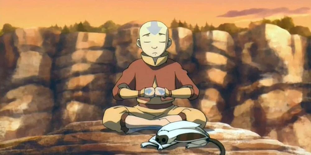 Aang meditating with Momo in ATLA