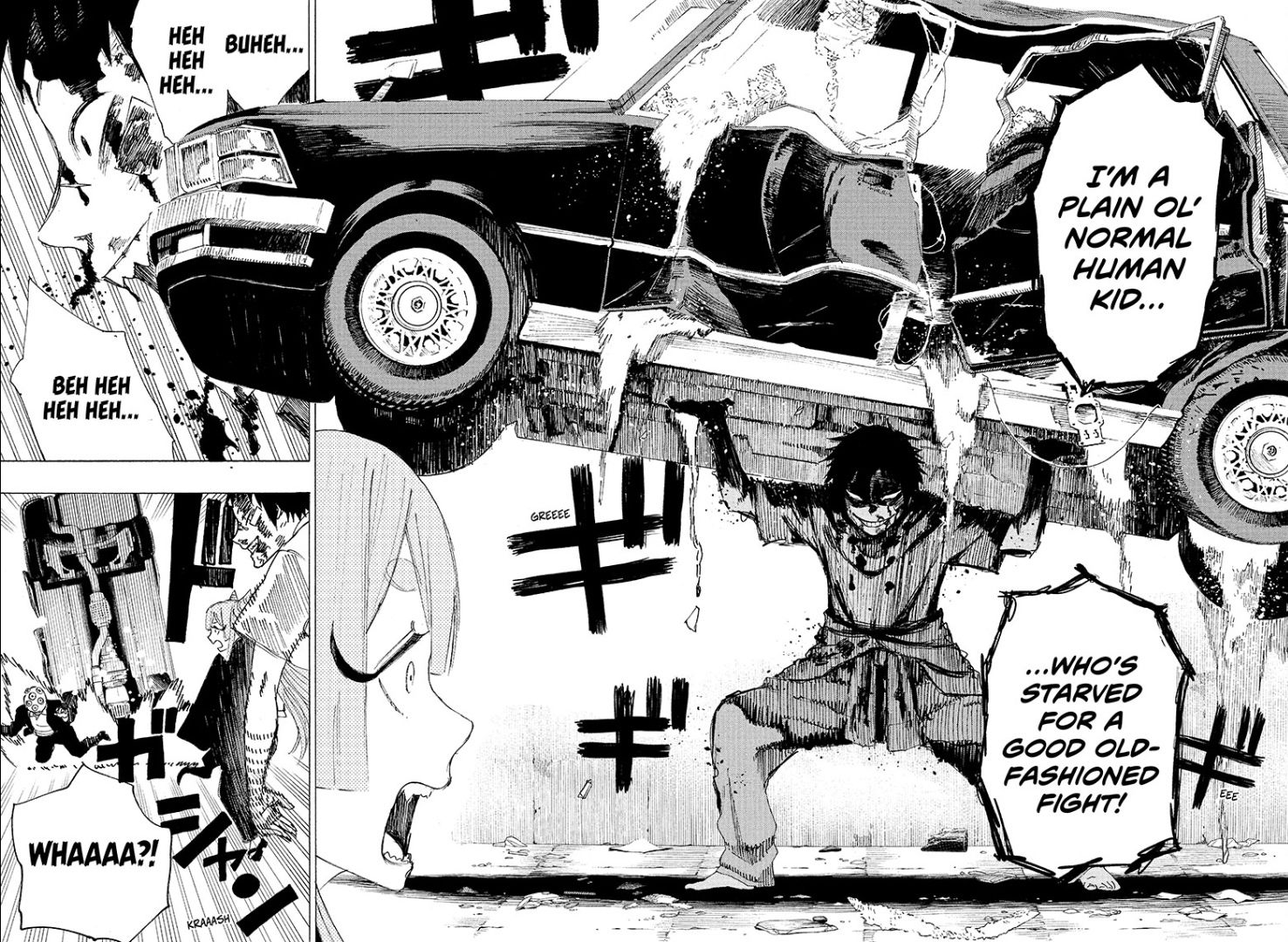 Ayashimon manga panel - lifting a car