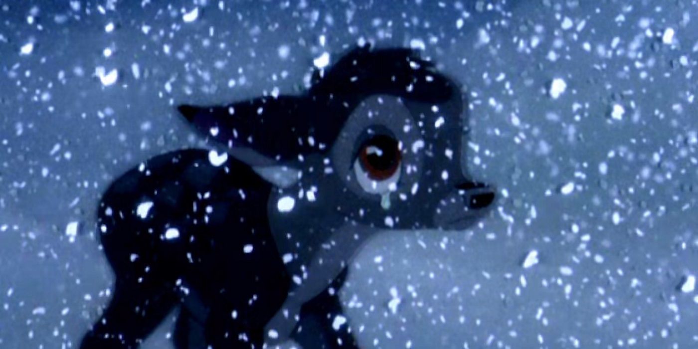 Bambi in a snowstorm, after his mother's death, listening to the Great Prince 
