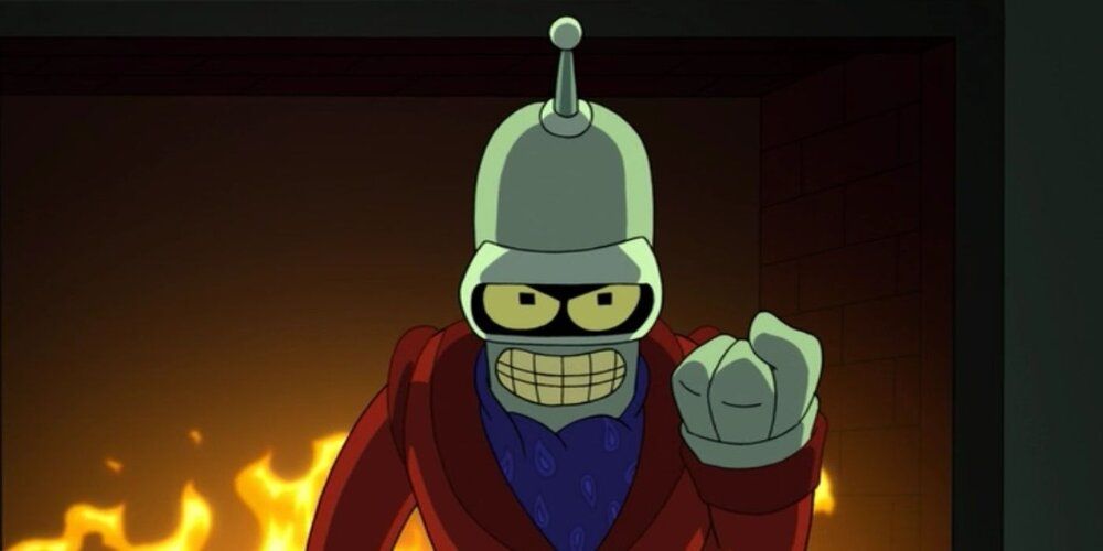 Bender Bending Rodriguez in front of flames from Futurama