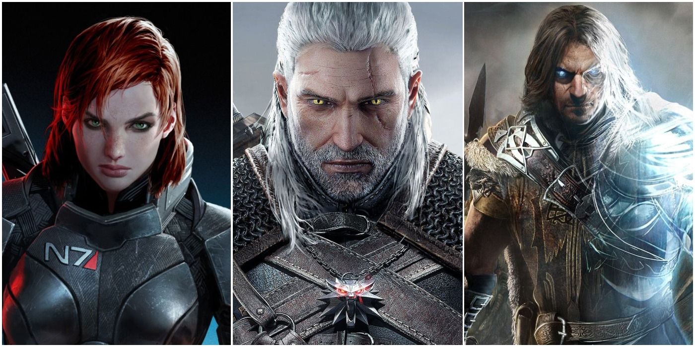 Best RPGs That Are Like Movies Feature Image Split Between Shepard In Mass Effect 3, Geralt In The Witcher 3, And Tailon In Shadow Of Mordor