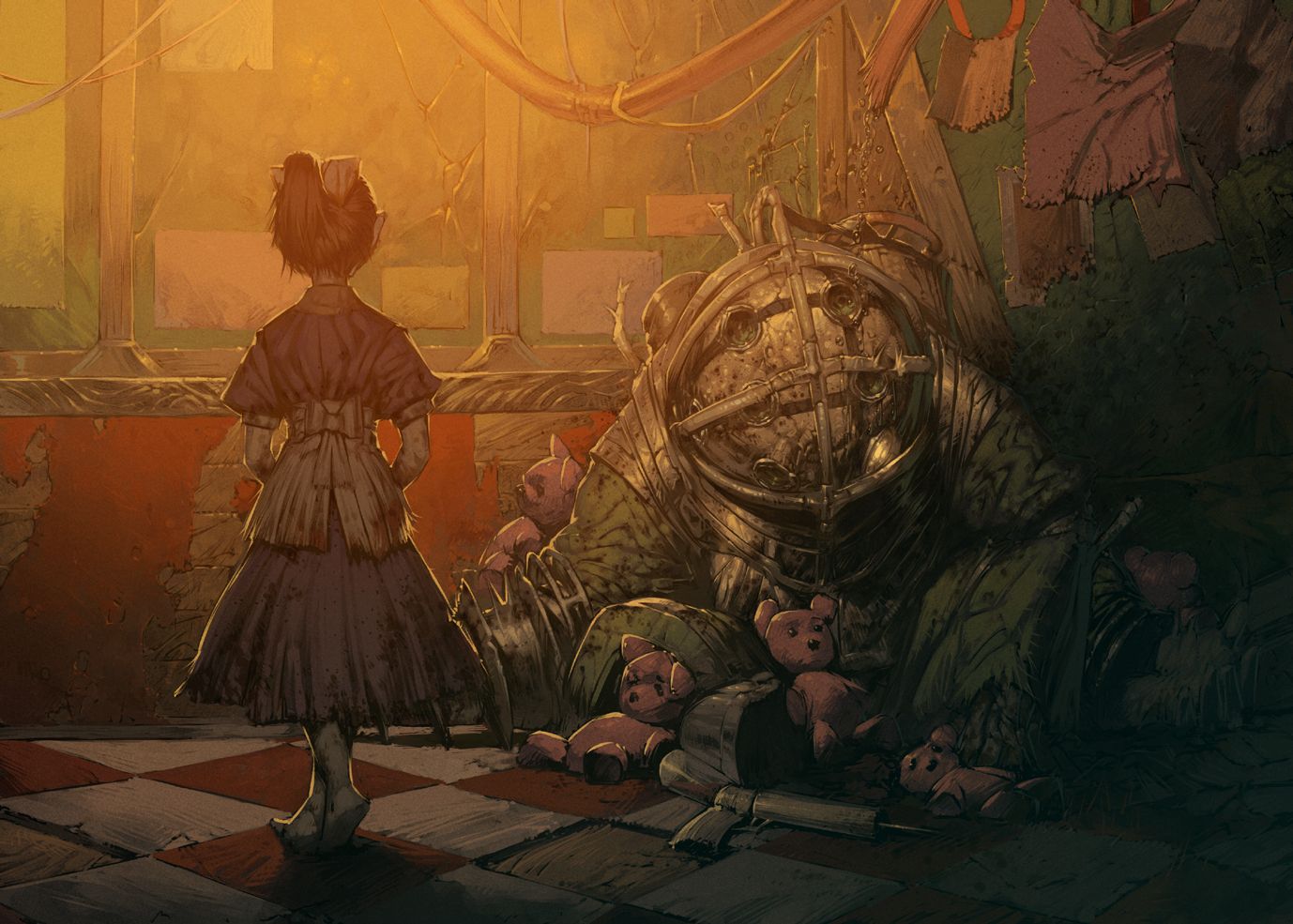 BioShock fan art of a Little Sister and her Big Daddy.
