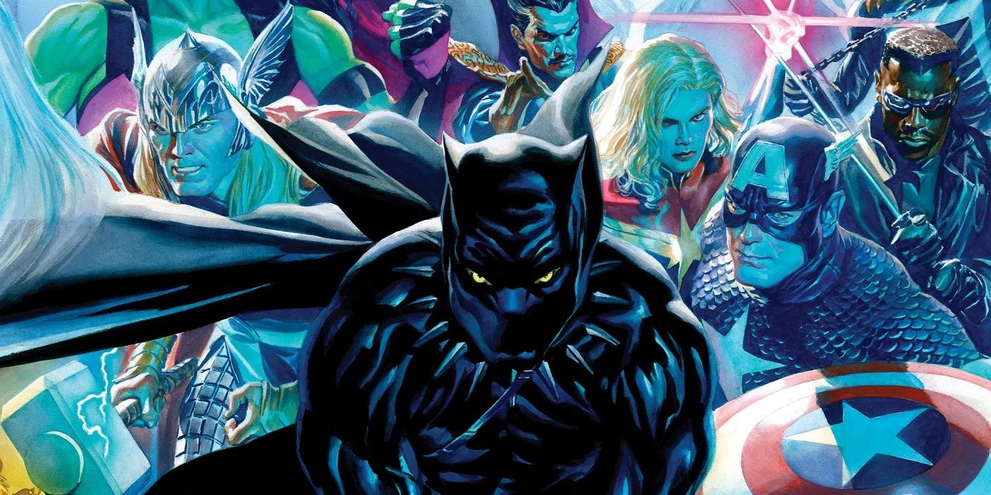 T'challa and the Avengers on the cover of Black Panther 1 by Alex Ross