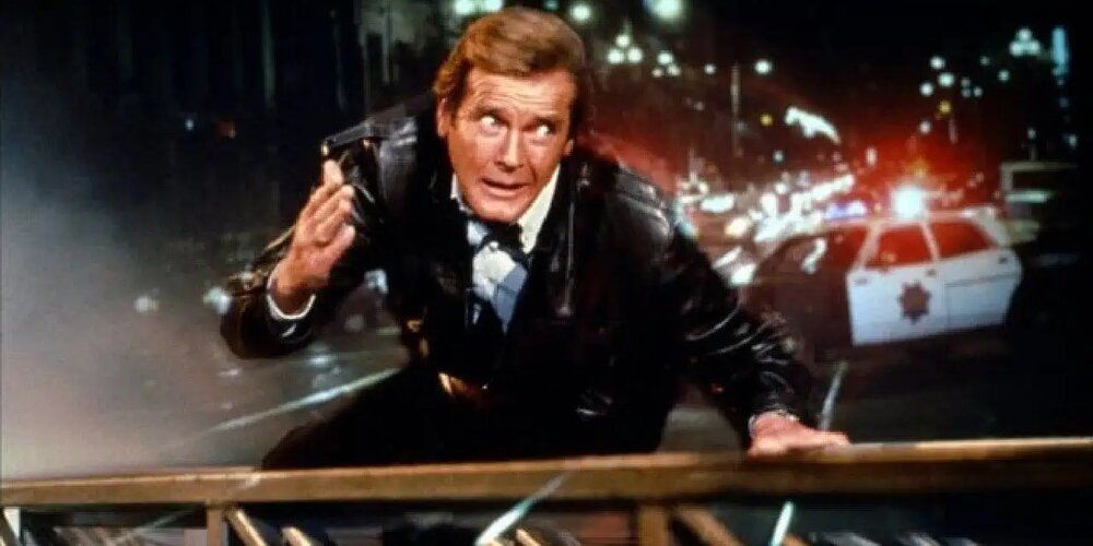 An unfortunate-looking stunt involving Roger Moore in a view to a kill James Bond