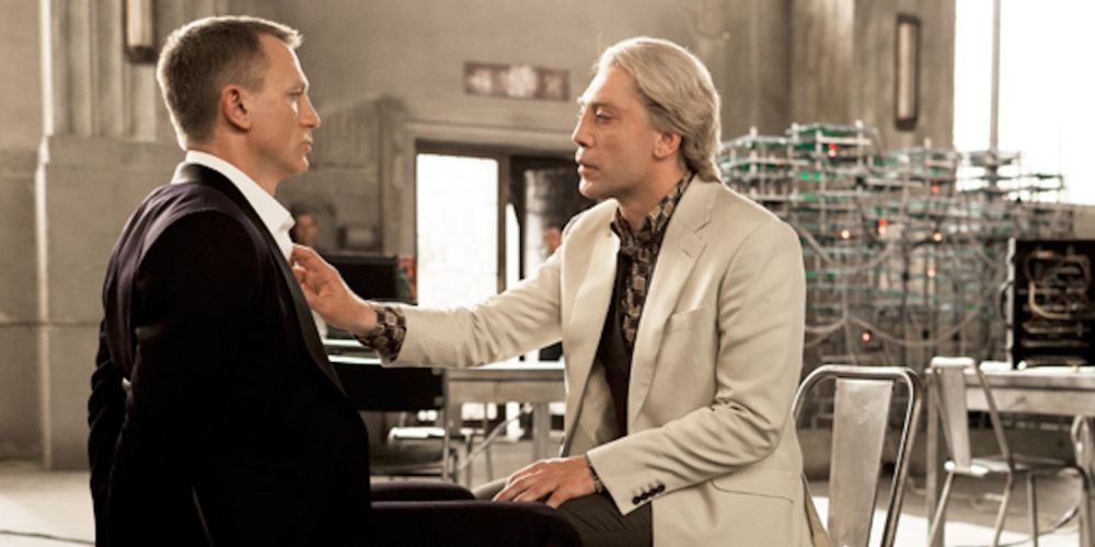 Raoul Silva taunts James Bond after tying him to a chair Skyfall