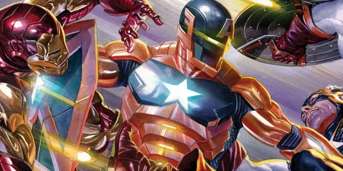 Hydra Cap fighting against Steve Rogers and Tony Stark on the cover of Captain America Iron Man 4 by Alex Ross