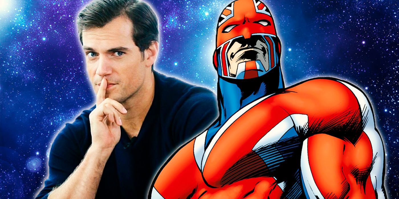Henry Cavill next to comic book version of Captain Britain