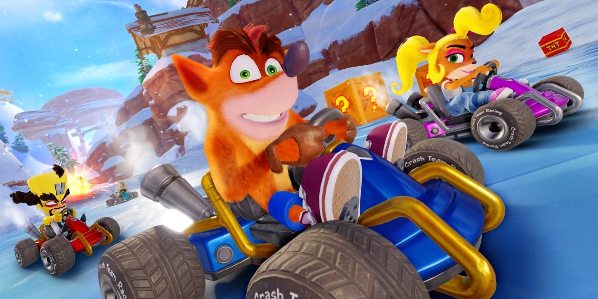 Crash Bandicoot, Dr. Neo Cortex, Coco, and Polar on karts in Crash Team Racing Nitro-Fueled