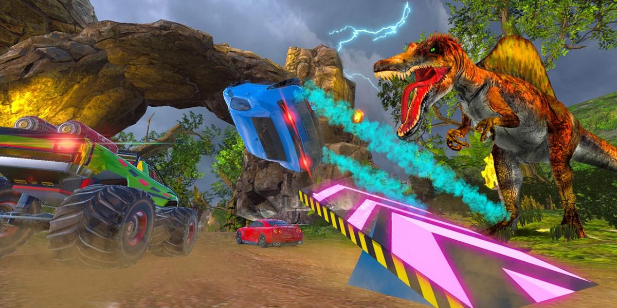 Car jumping off a ramp in a race next to a dinosaur in Cruis'n Blast