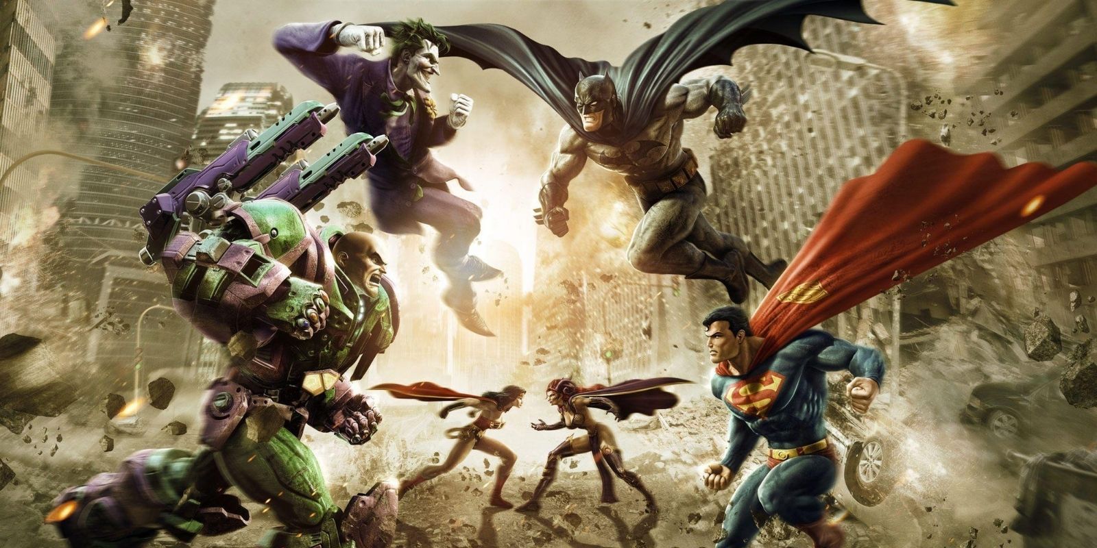 The heroes of the DC Universe clash as Superman battles Lex Luthor, Batman lunges at The Joker and Wonder Woman fights Cheetah