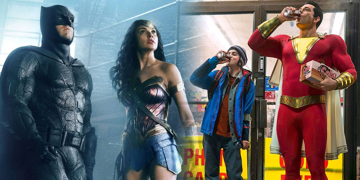 Batman and Wonder Woman with Freddy Freeman and Shazam split image