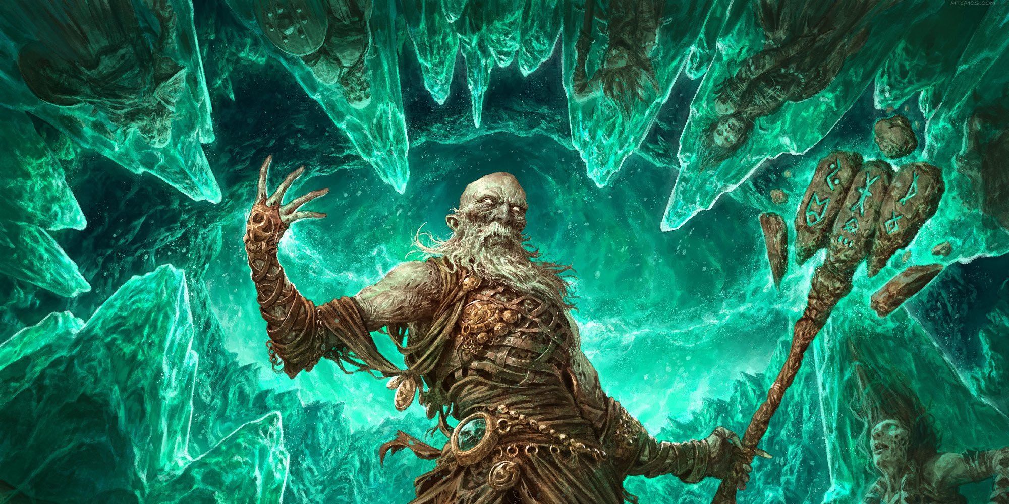 MTG Draugr Necromancer card art showing a man with a staff surrounded by bodies in green crystals