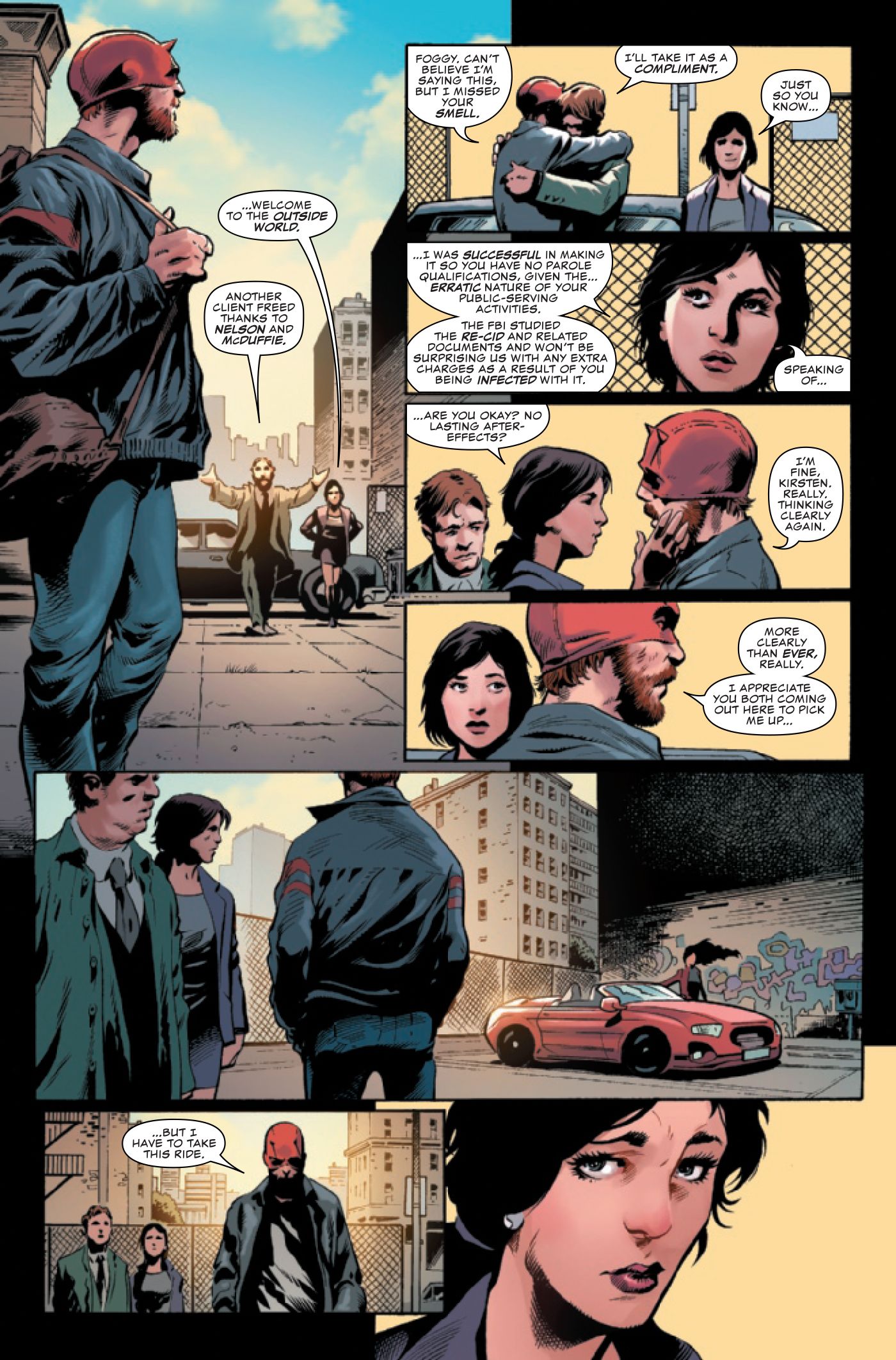 Daredevil is greeted by Foggy Nelson and Kirsten McDuffie.