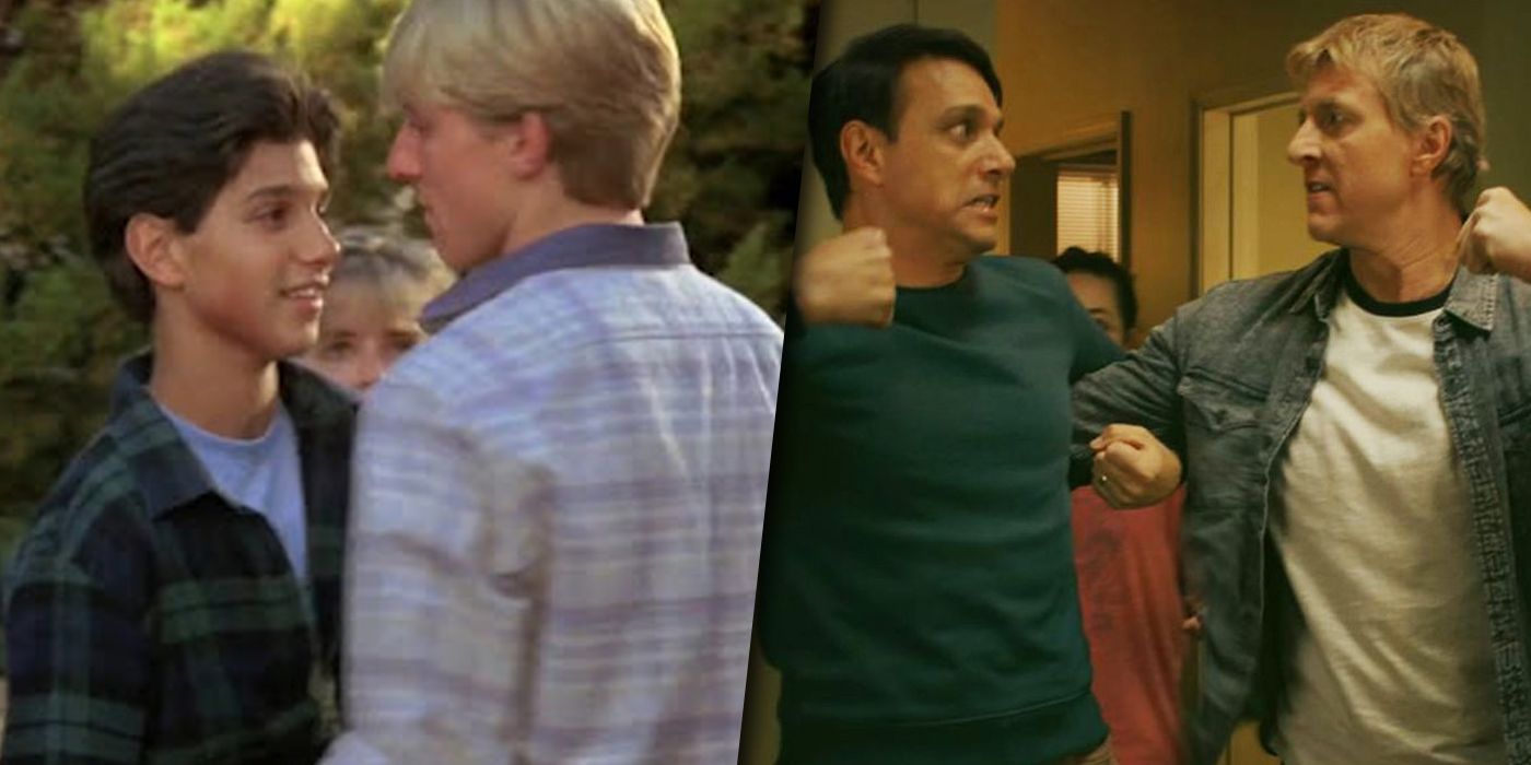 Daniel LaRusso and Johnny Lawrence young and old split image