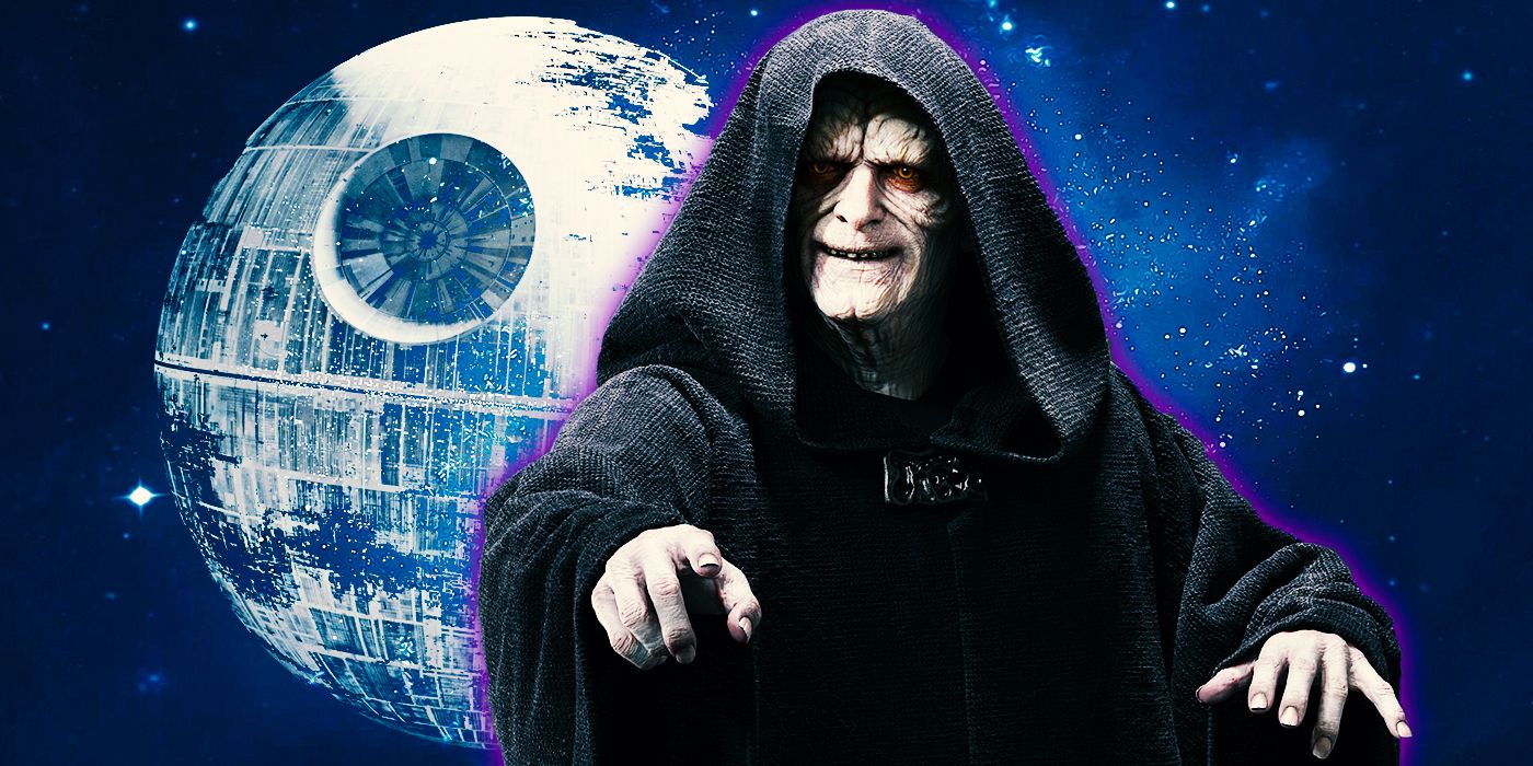 Emperor Palpatine holding out a finger in front of the Death Star.