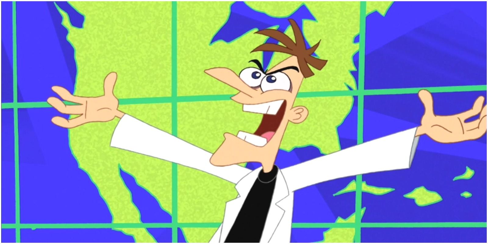 Doctor Doofenshmirtz laughing in front of big globe from Phineas and Ferb.