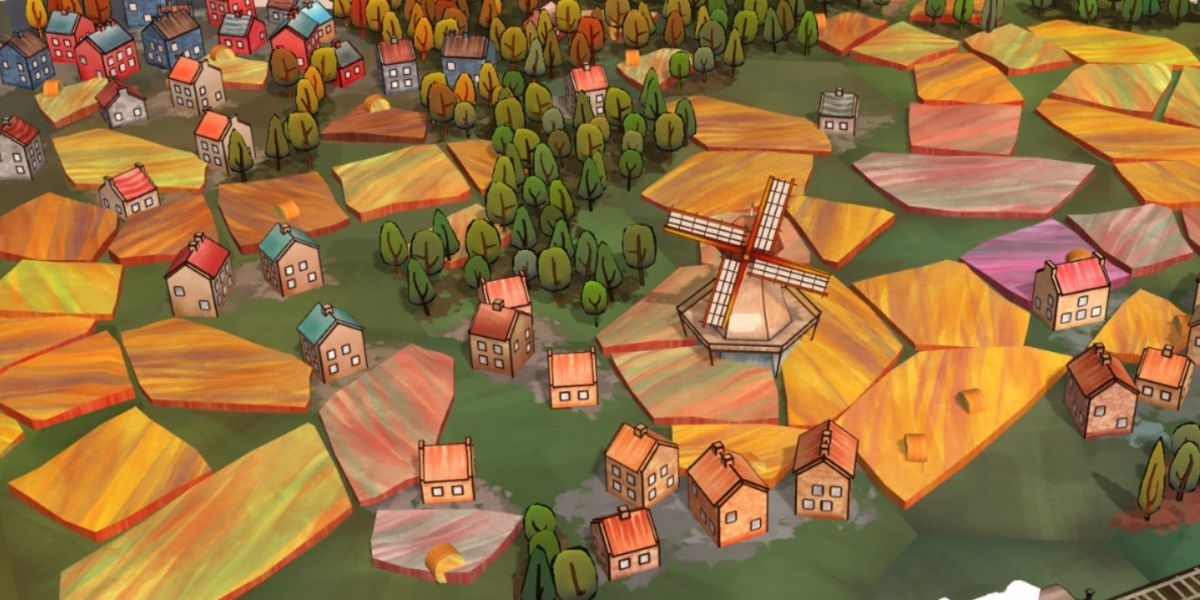 An overhead still of a town in Dorfromantik gameplay.