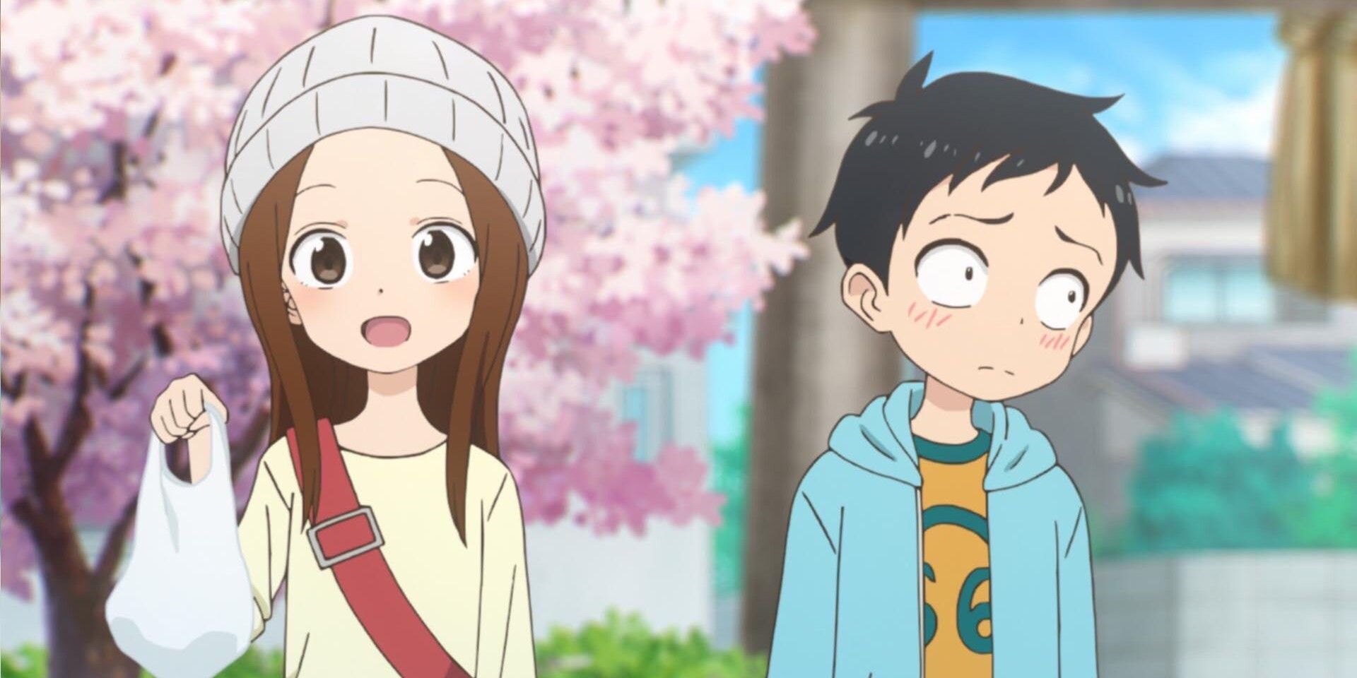 Takagi and Nishikata arrive for the flower viewing with snacks