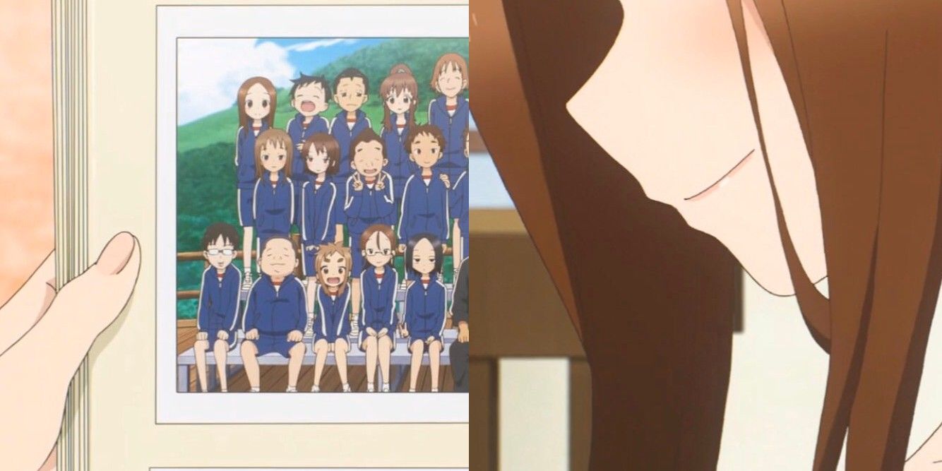 A possibly older Takagi looks at the childhood photo of Nishikata from camp