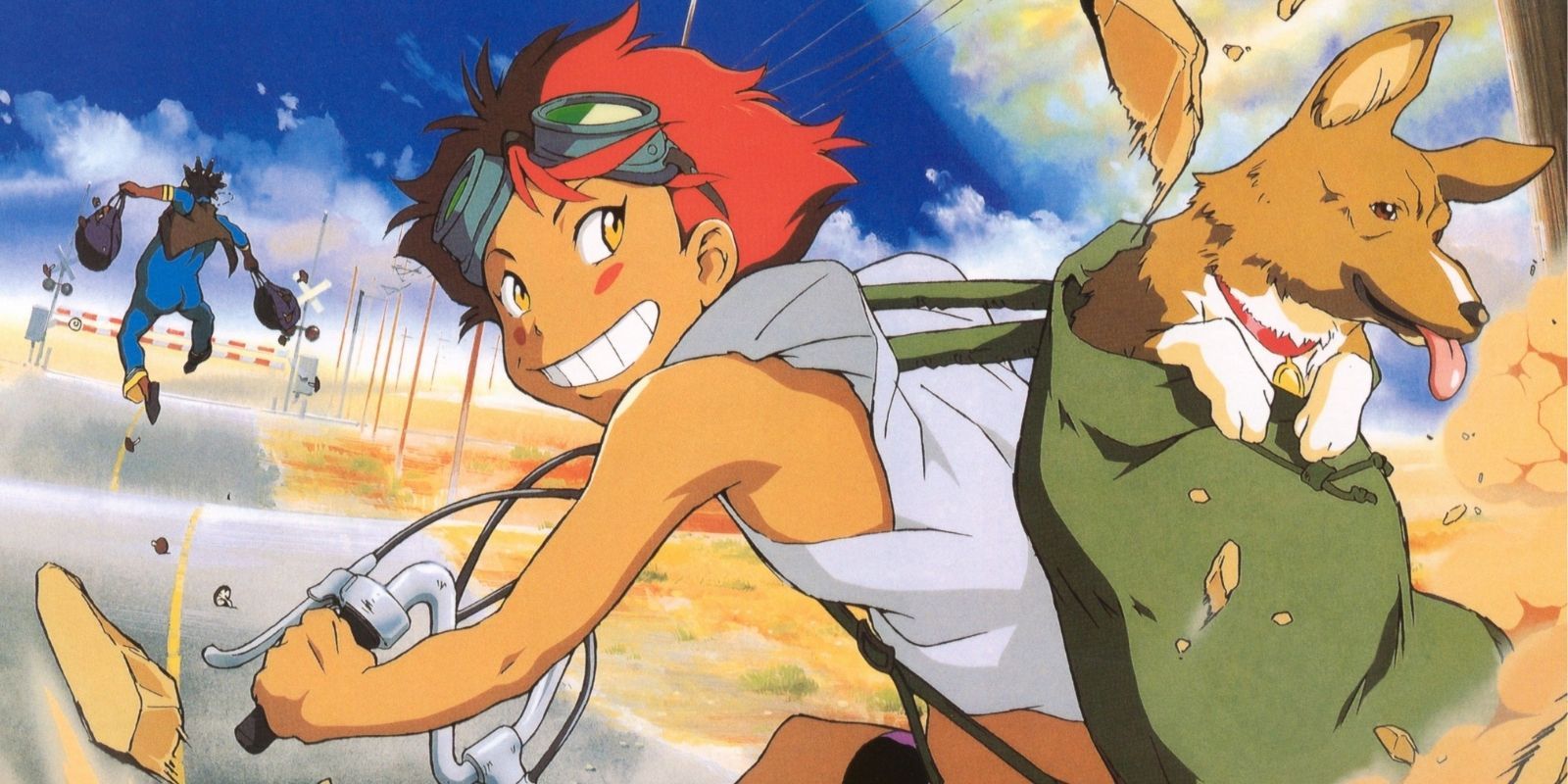 Cowboy Bebop's Ed frantically riding a scooter with Ein the Corgi in tow