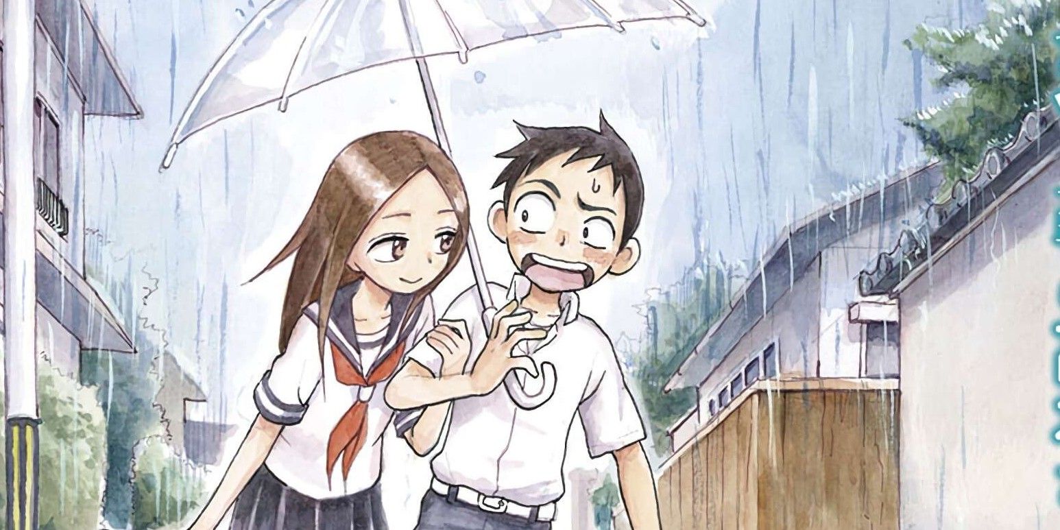 Takagi and Nishikata share an umbrella on the manga cover