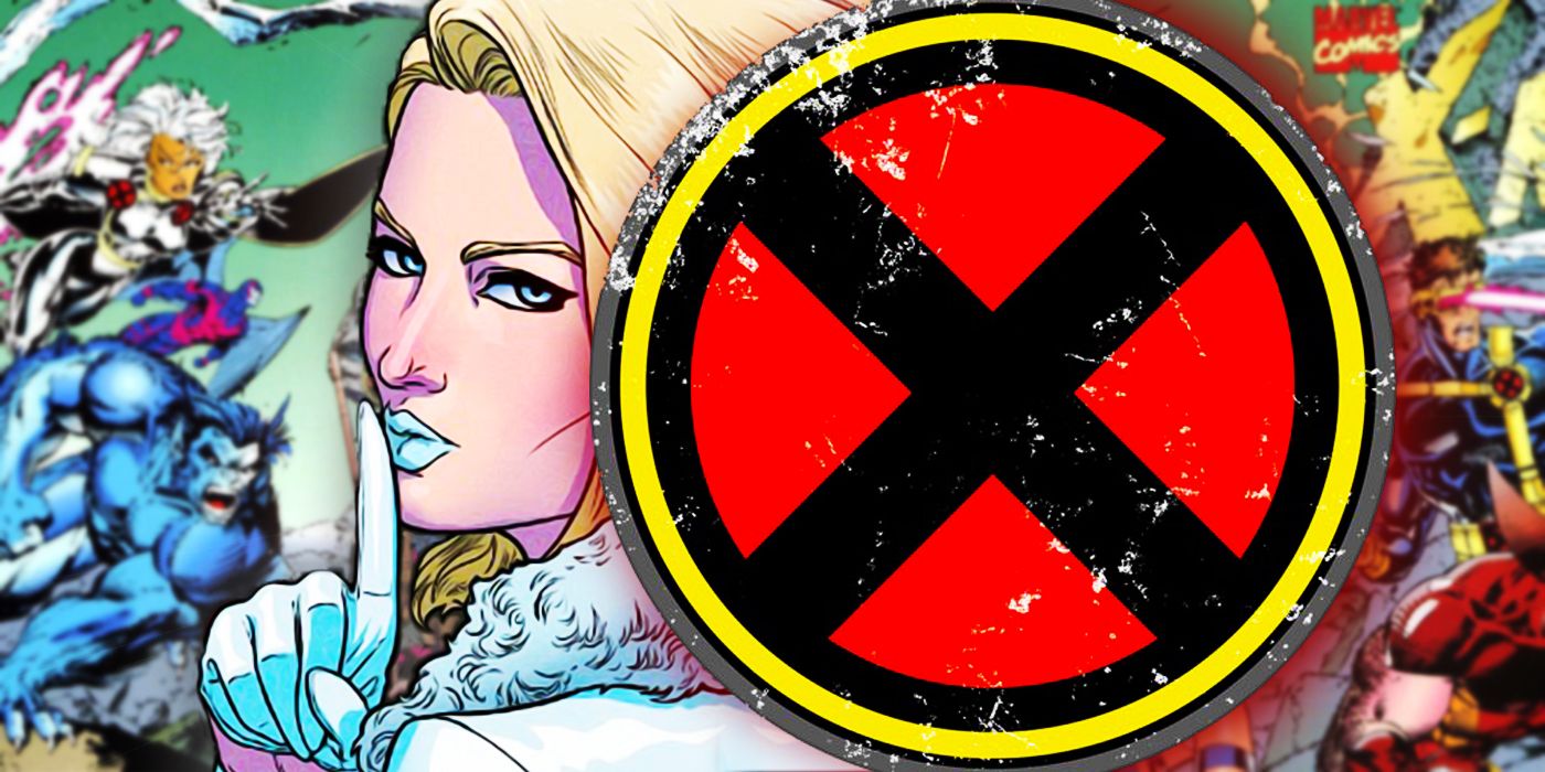 Emma Frost Keeping X-Men Secrets in front of Jim Lee's X-Men Cover