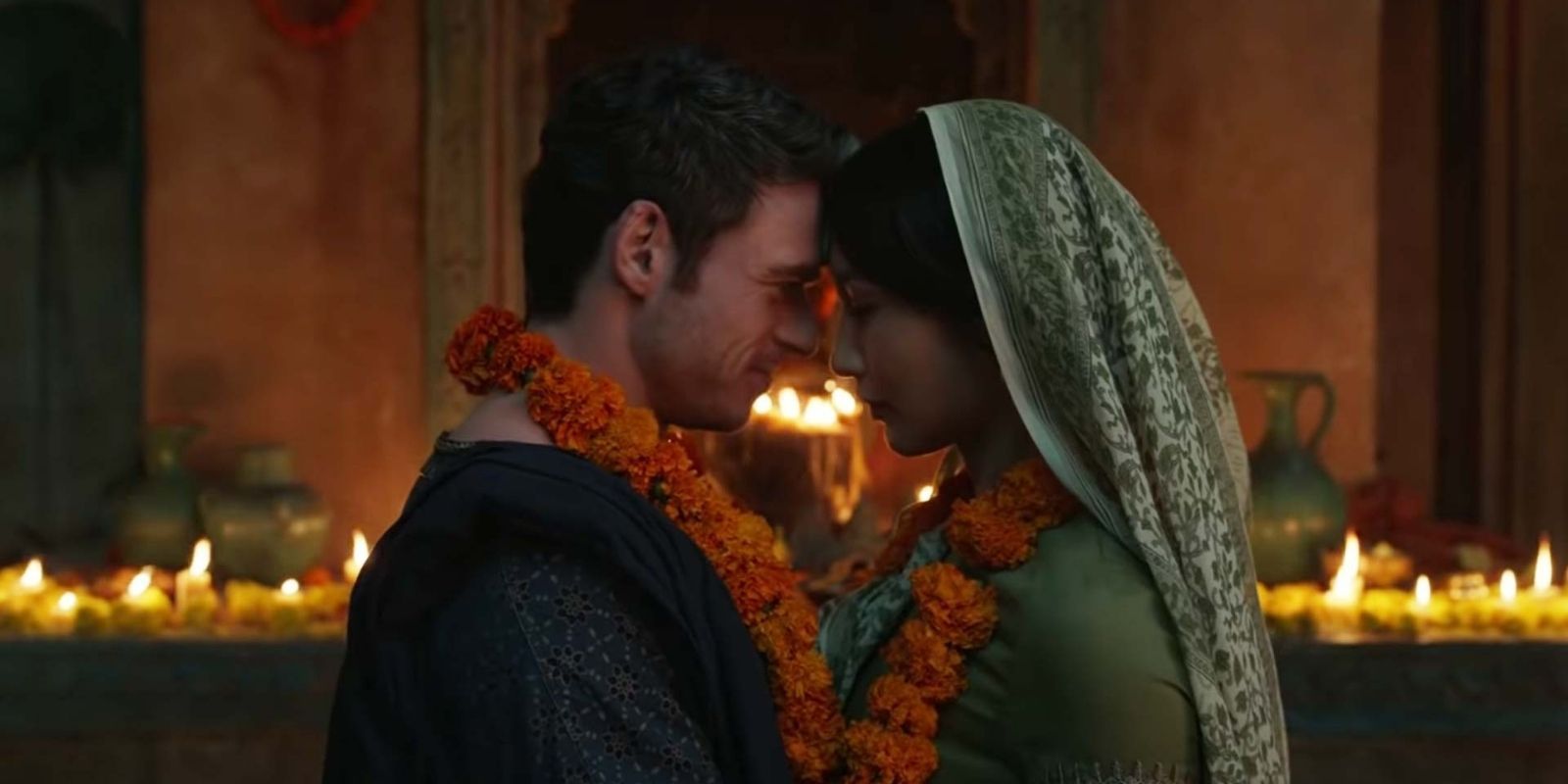 Ikaris and Sersei in what appears to be an Indian wedding as featured in Eternals