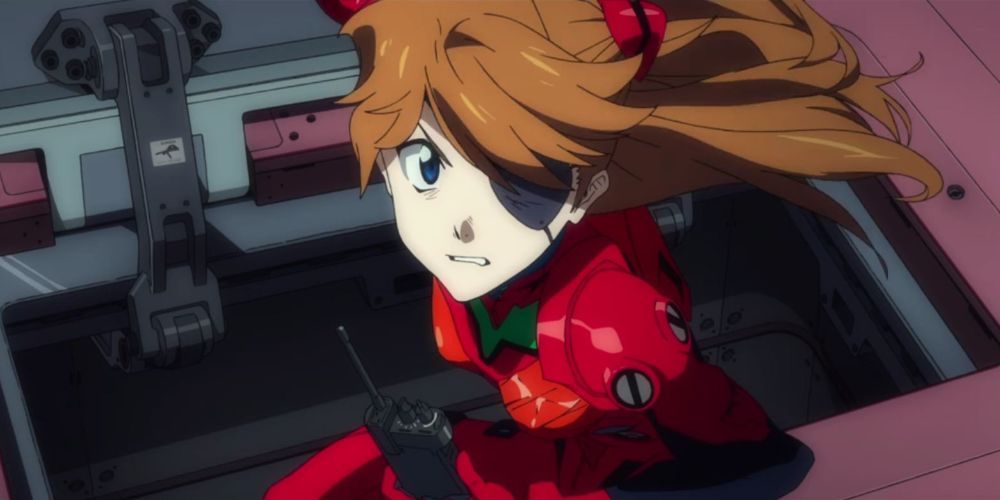 Asuka from Evangelion With an Eyepatch Looking into Camera as Wind Blows Her Hair