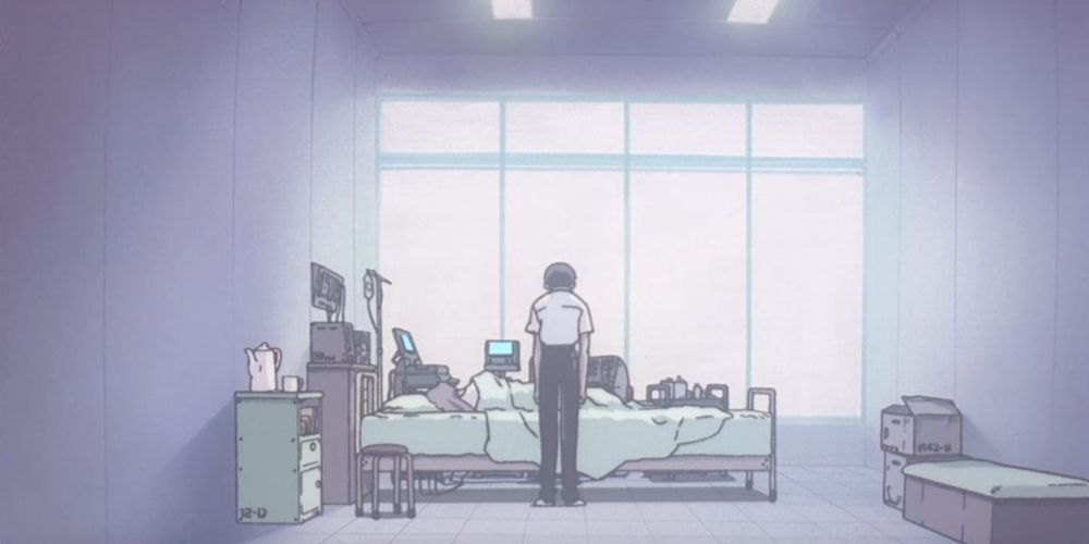 Wide Shot of Shinji from Evangelion Standing at Asuka's Bedside in the Hospital While Asuka is in a Coma
