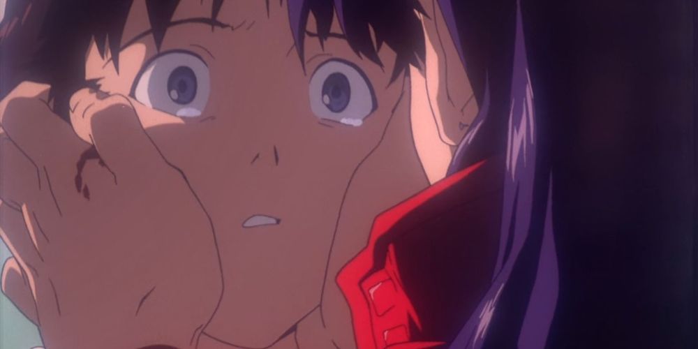 Evangelion Close-Up of Shinji with Tears in Eyes as Misato's Hands Cup His Face