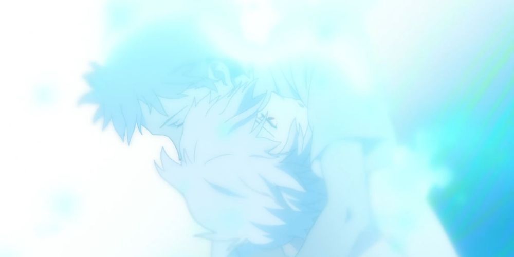 Evangelion Close-Up of Shinji Embracing Rei As They Are Both Bathed in Light