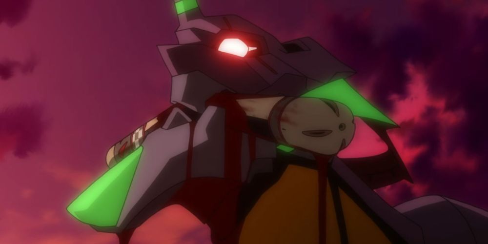 Close-Up of Eva Unit-01's Head as It Crushes Unit-03's Plug in its Jaws, and LCL Liquid Spills Out NGE
