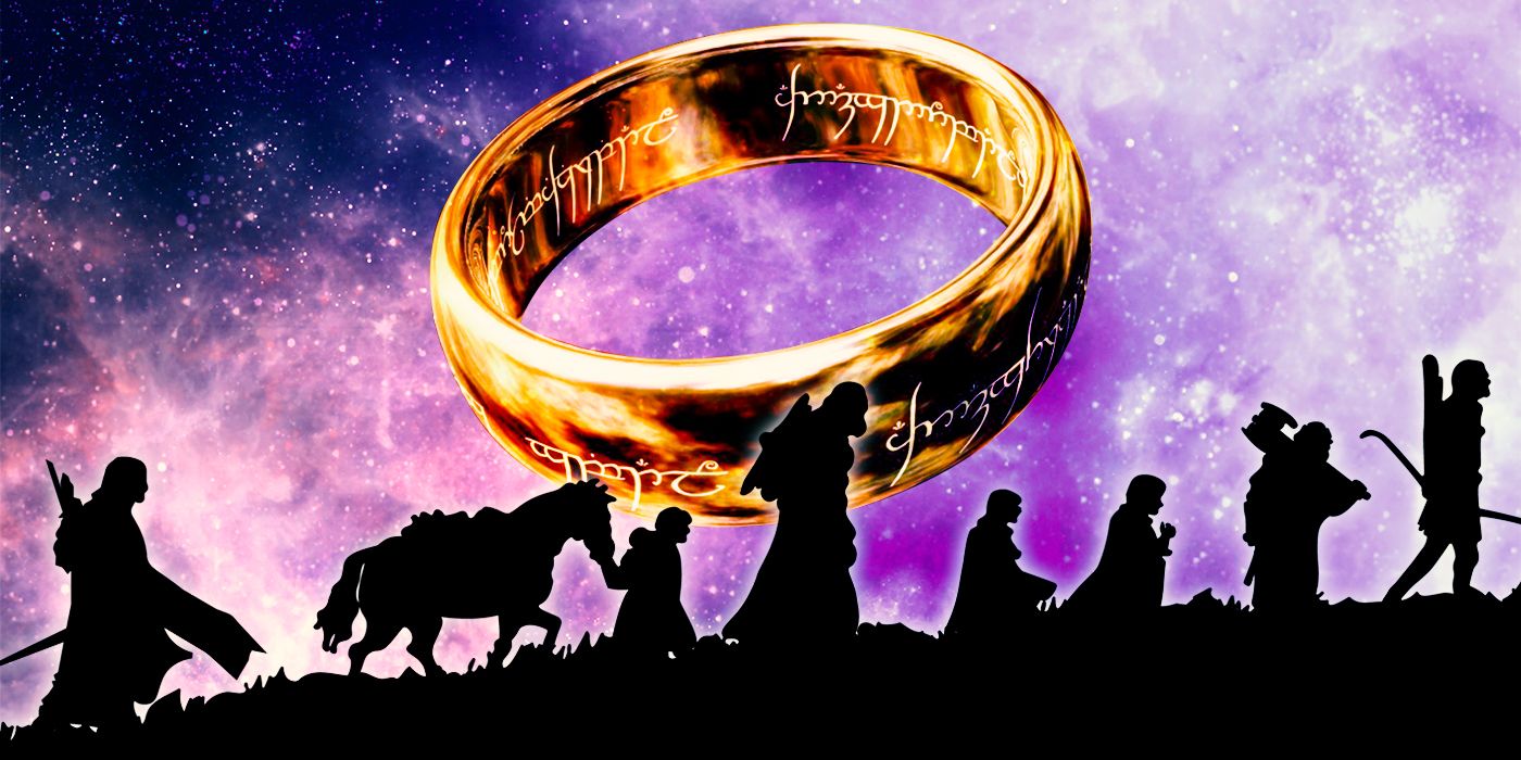 Sauron's One Ring behind the silhouettes of the Fellowship in Lord of the Rings