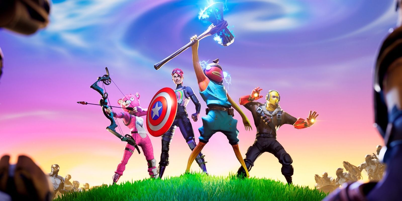 The various characters of Fortnite equipped with weapons from Marvel Comics