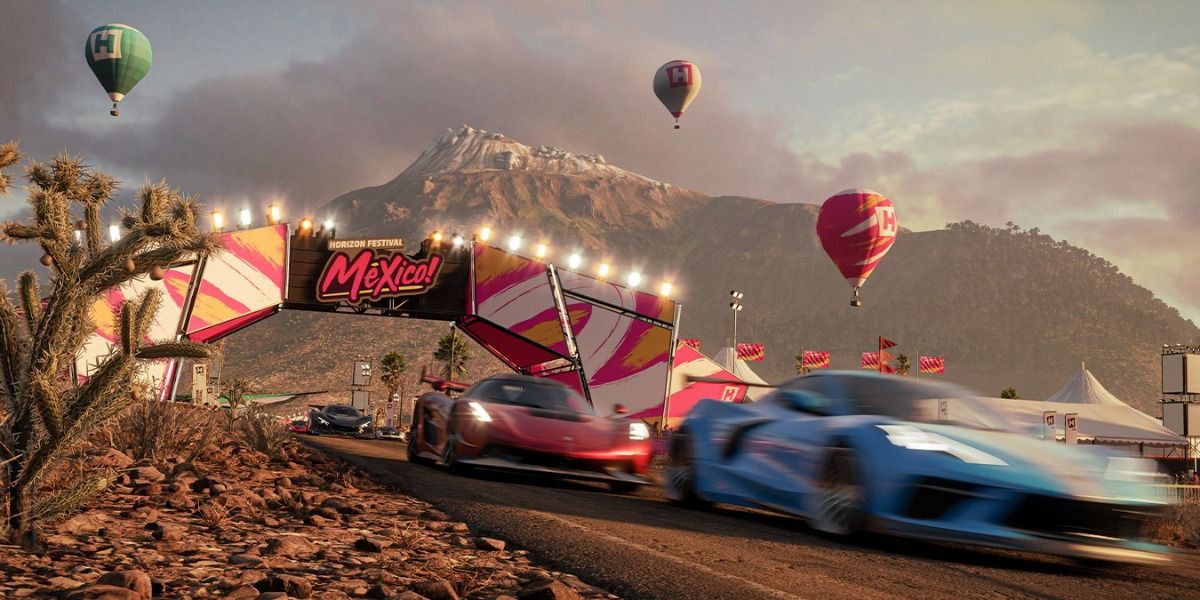 Cars driving past the finish line in Mexico in Forza Horizon 5
