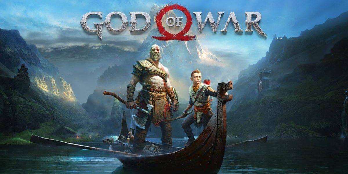Kratos and Atreus sail a boat for the cover art of God of War (2018)