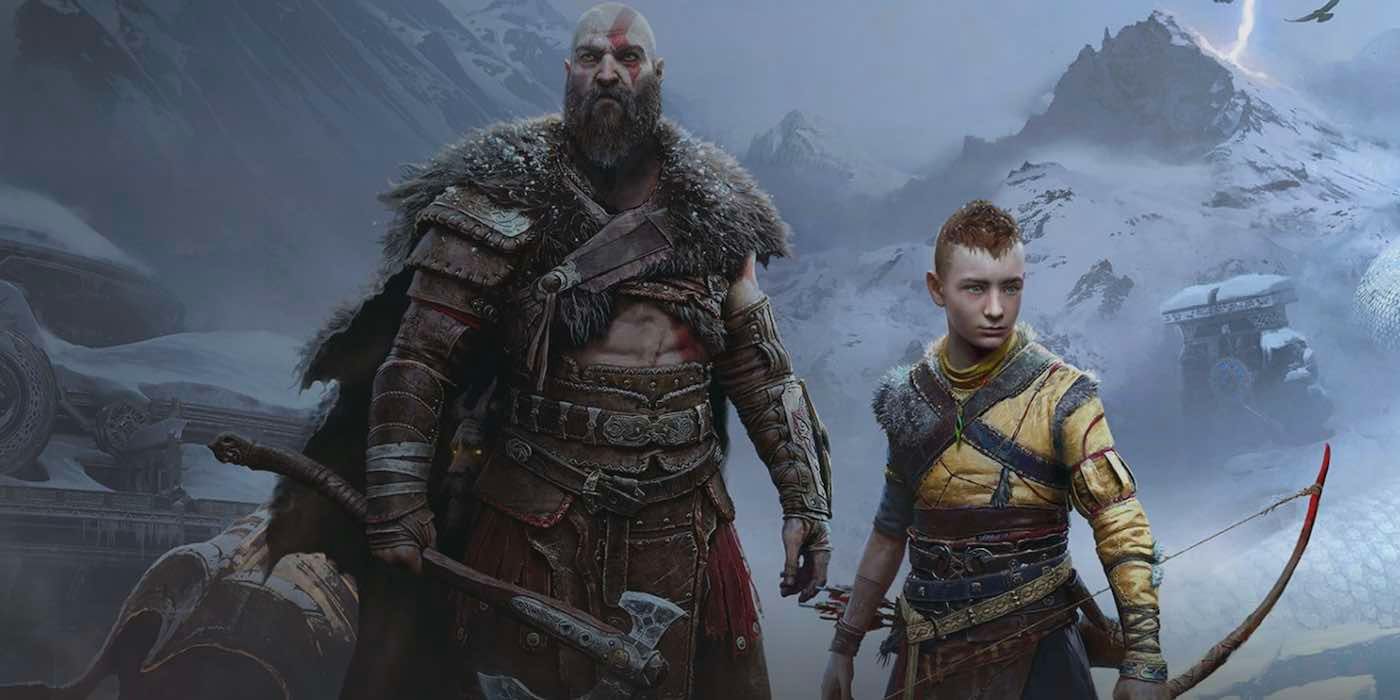 God of War Ragnarok Kratos and Atreus standing before snowy peaks.