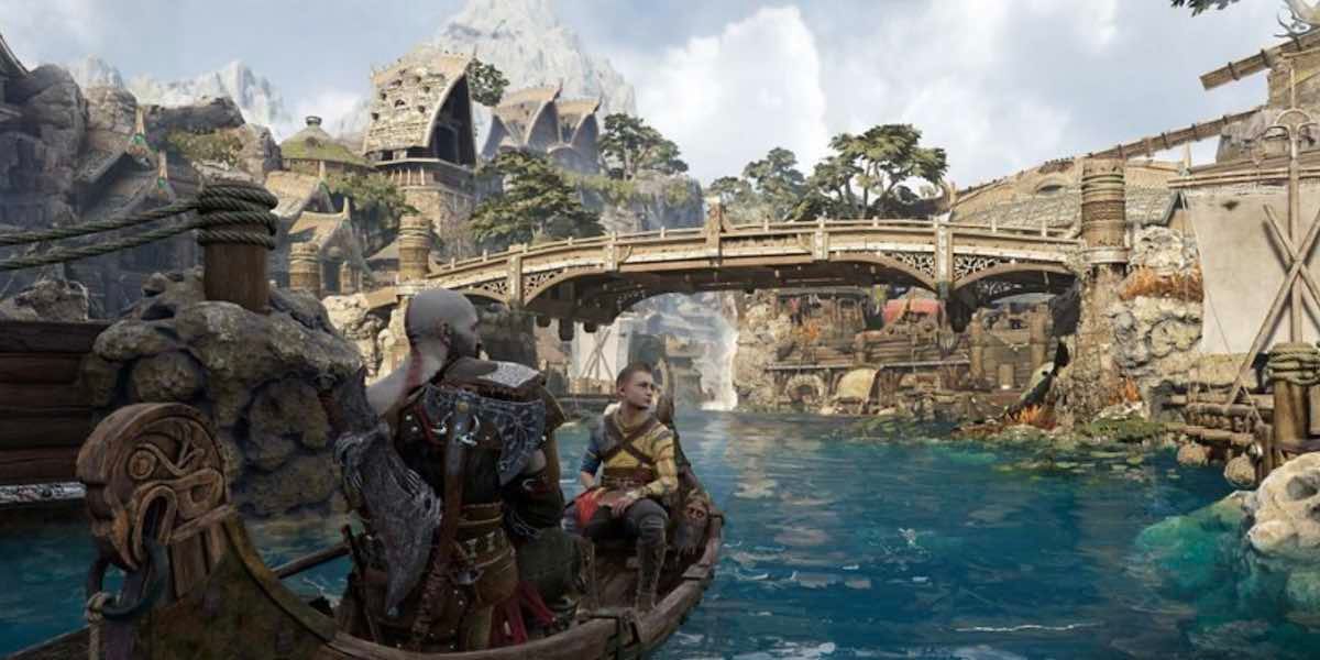 God of War Ragnarok Kratos and Atreus in a boat.