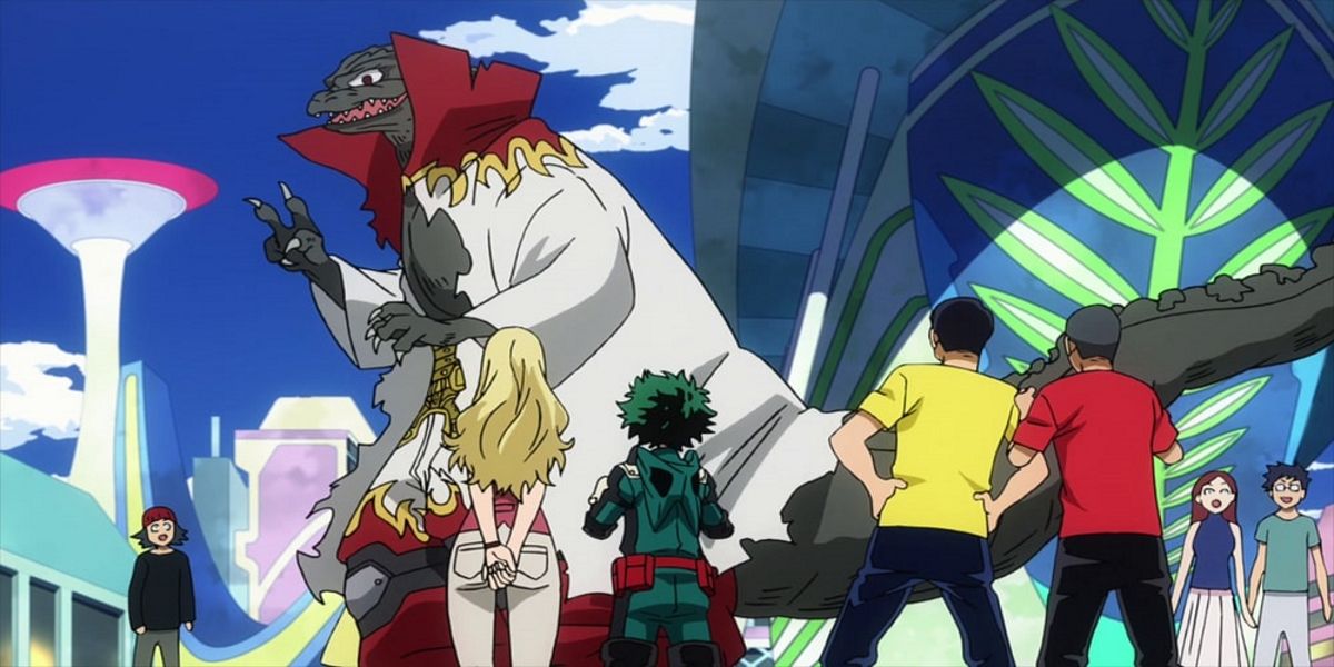 Gozillo roams through the city as heroes watch in My Hero Academia