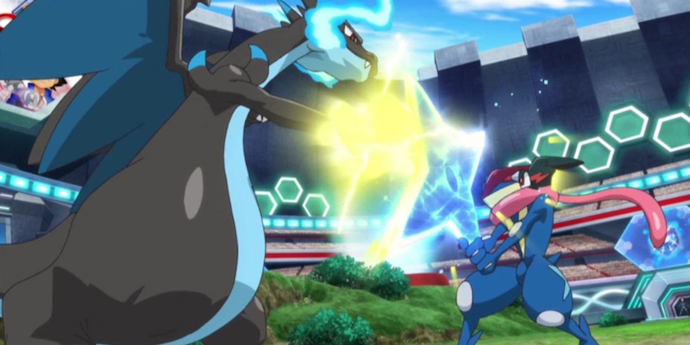 Greninja de Ash luta contra Charizard de Alain em Pokémon em Pokemon: The Series XY.