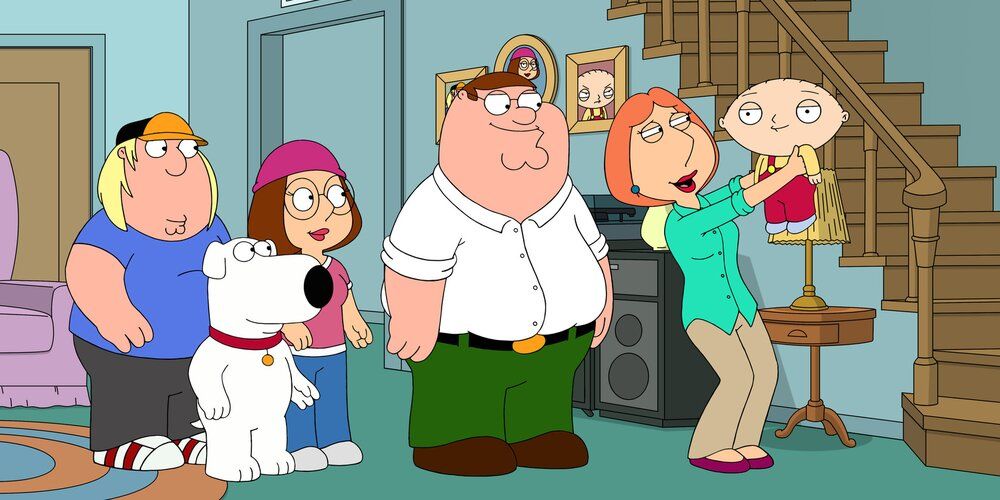 The Griffin family standing together in their house in Family Guy