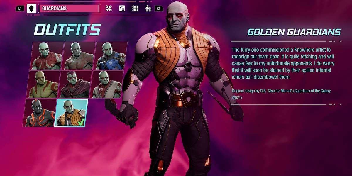 Guardians of the Galaxy Drax Golden Guardians outfit.