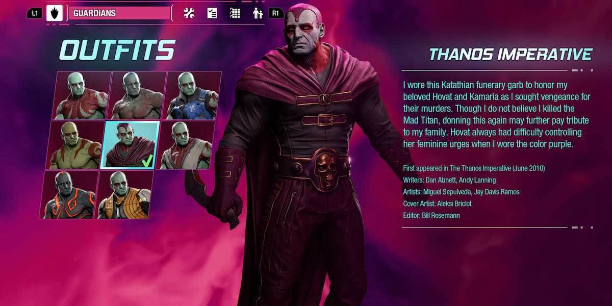 Guardians of the Galaxy Drax Thanos Imperative outfit.