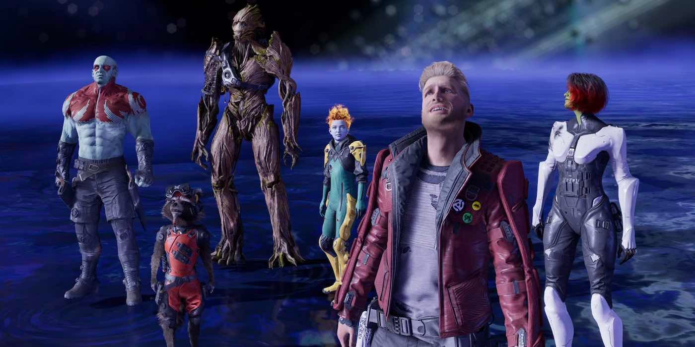 Guardians of the Galaxy team picture with Groot, Rocket, Gamora, Drax, Nikki and Peter.