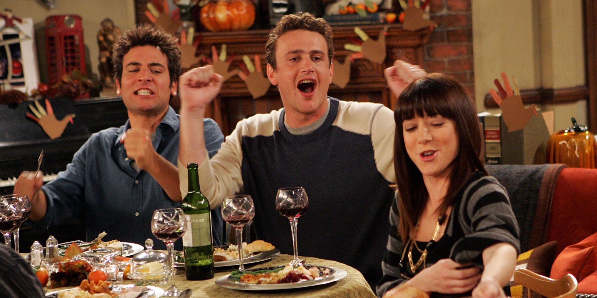 Ted, Marshall, and Lily celebrating Thanksgiving together in How I Met Your Mother