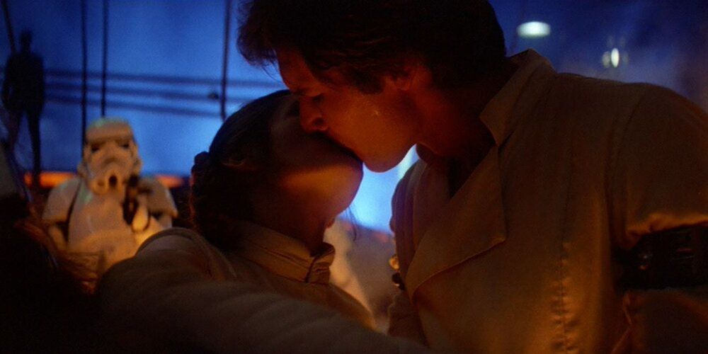 Han and Leia kiss in the Cloud City carbonite freezing chamber Star Wars: The Empire Strikes Back