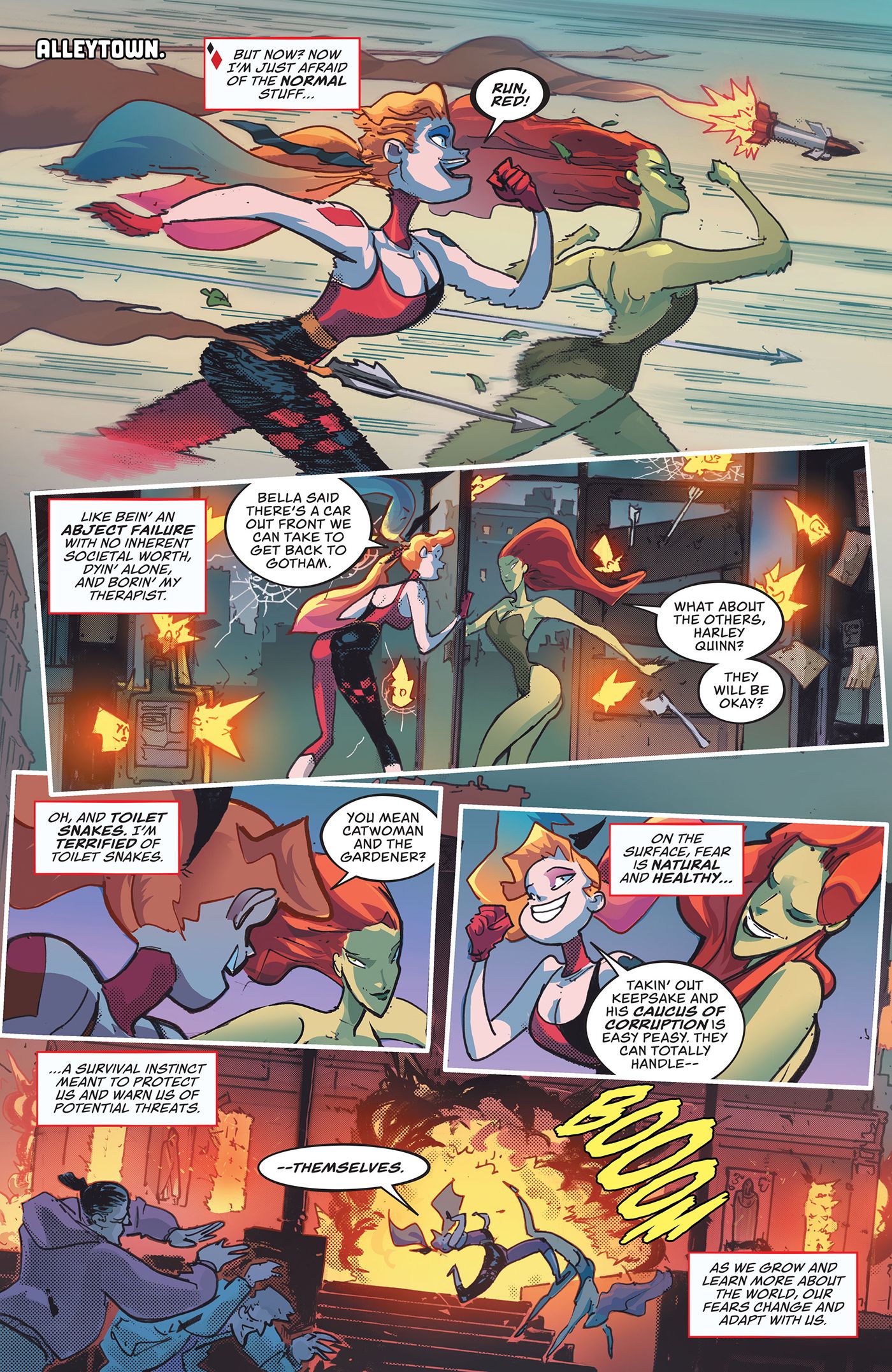 Harley Quinn and Poison Ivy run away from arrows, gunfire and rockets.