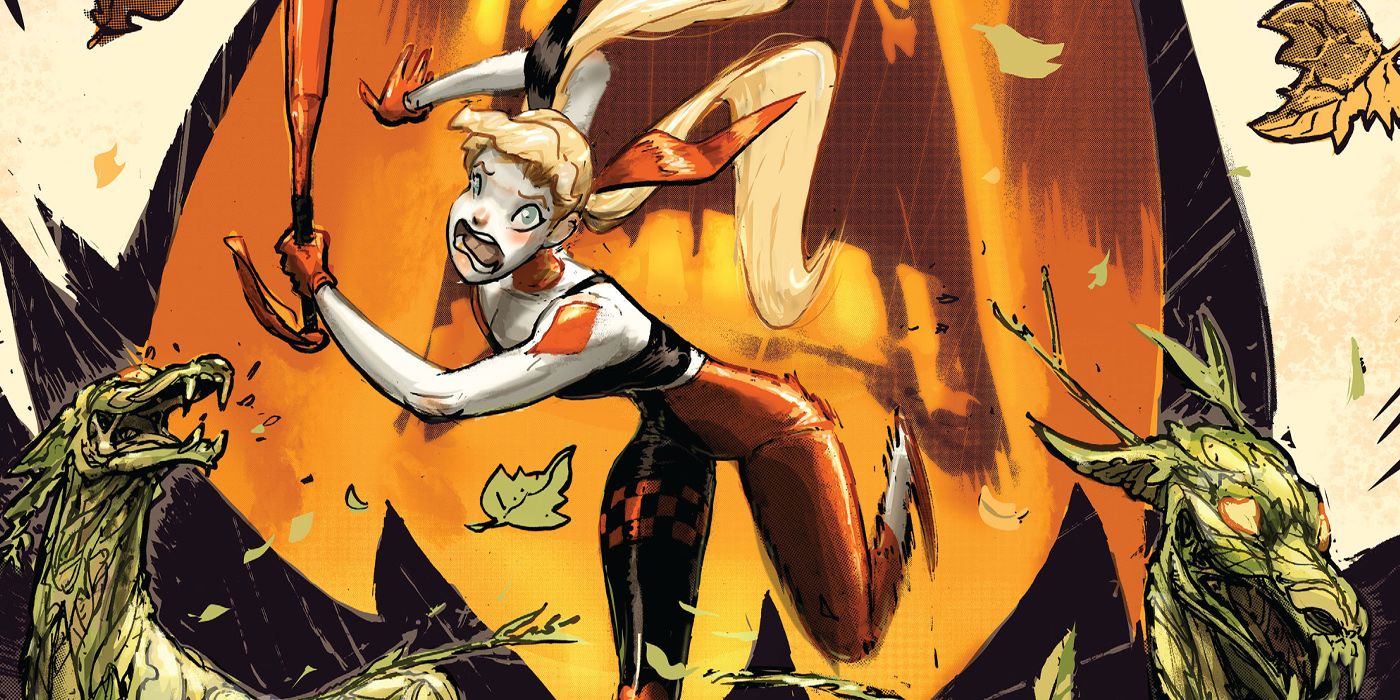 Harley Quinn runs away from a seemingly giant Keepsake on the cover of Harley Quinn #9.