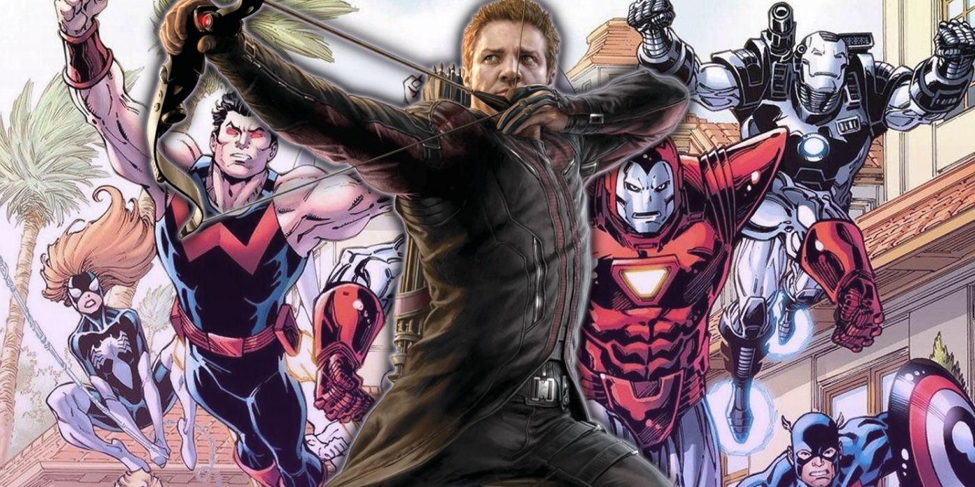 Jeremy Renner as Hawkeye in front of the West Coast Avengers by Todd Nauck