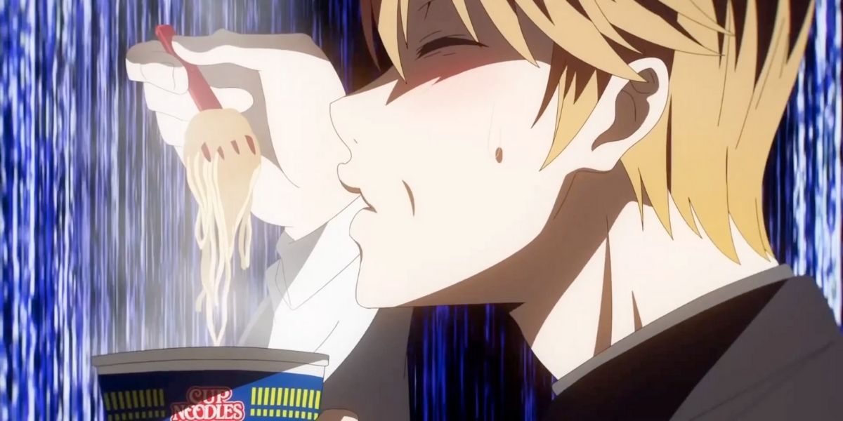 Image features Miyuki Shirogane from Kaguya-sama: Love is War eating Nissin Cup Noodles